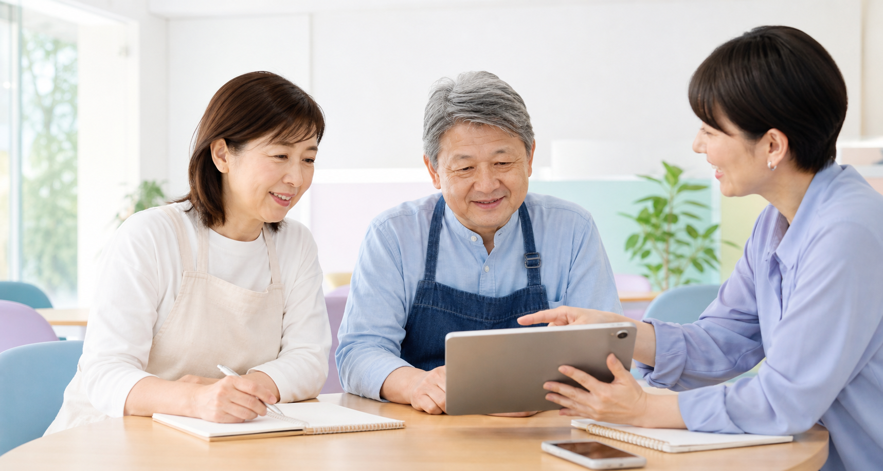 講師と受講者がタブレットを見ながら穏やかに相談している様子